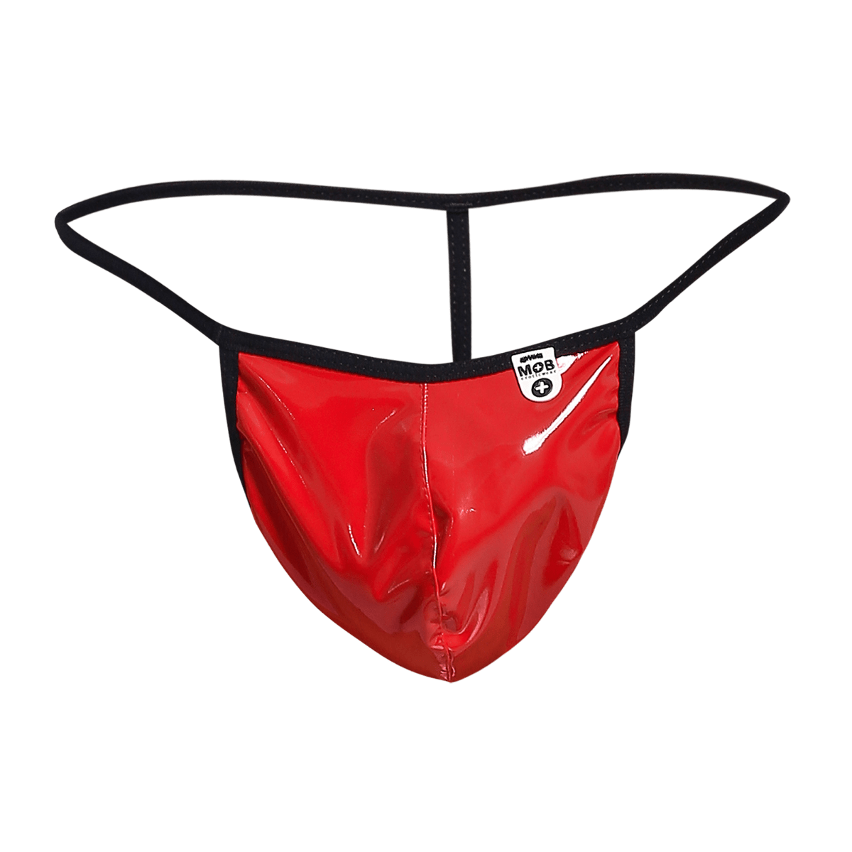 Red glossy latex thong with black elastic waistband and white logo patch shown from the back for men by mob