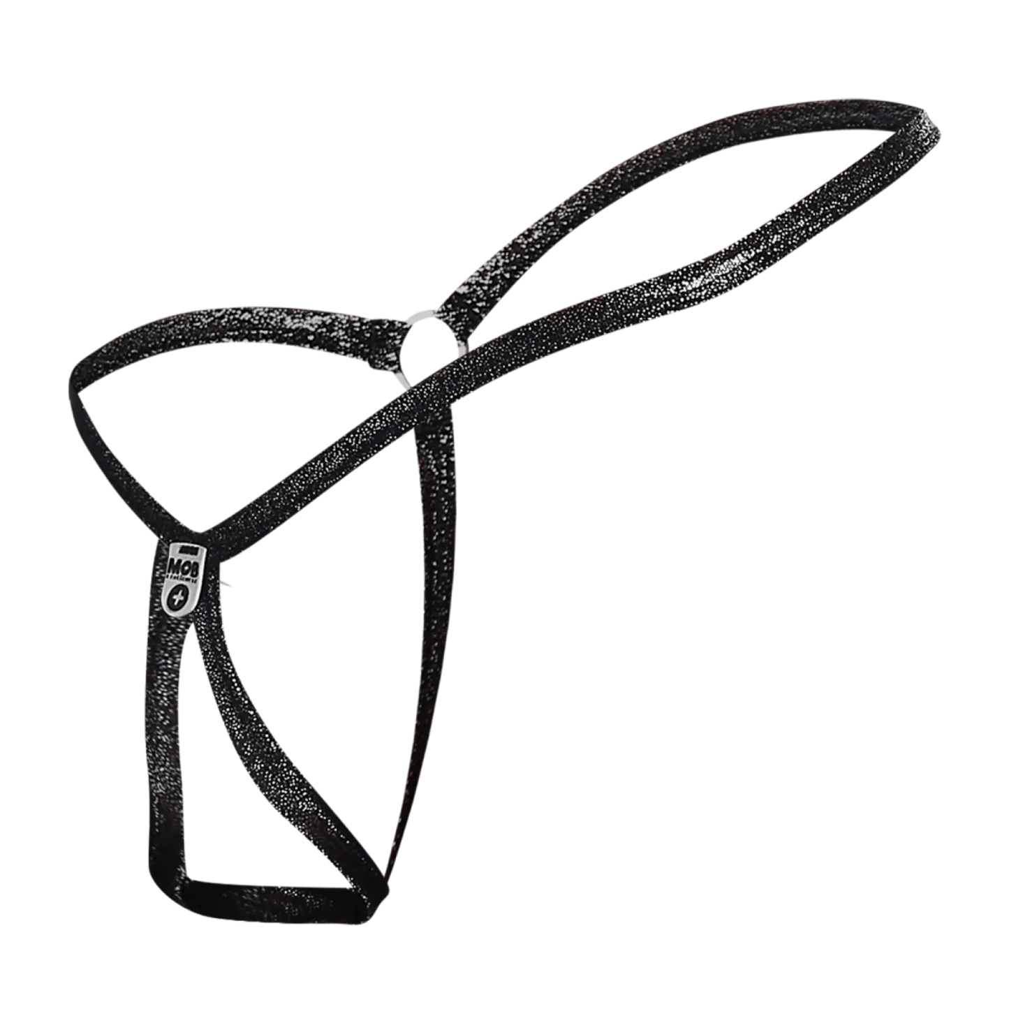 Black glittery men’s tear drop string thong with small white logo tag by mob in back view