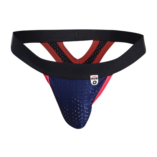Blue and red perforated mob mesh y thong with black elastic waistband shown from the back side