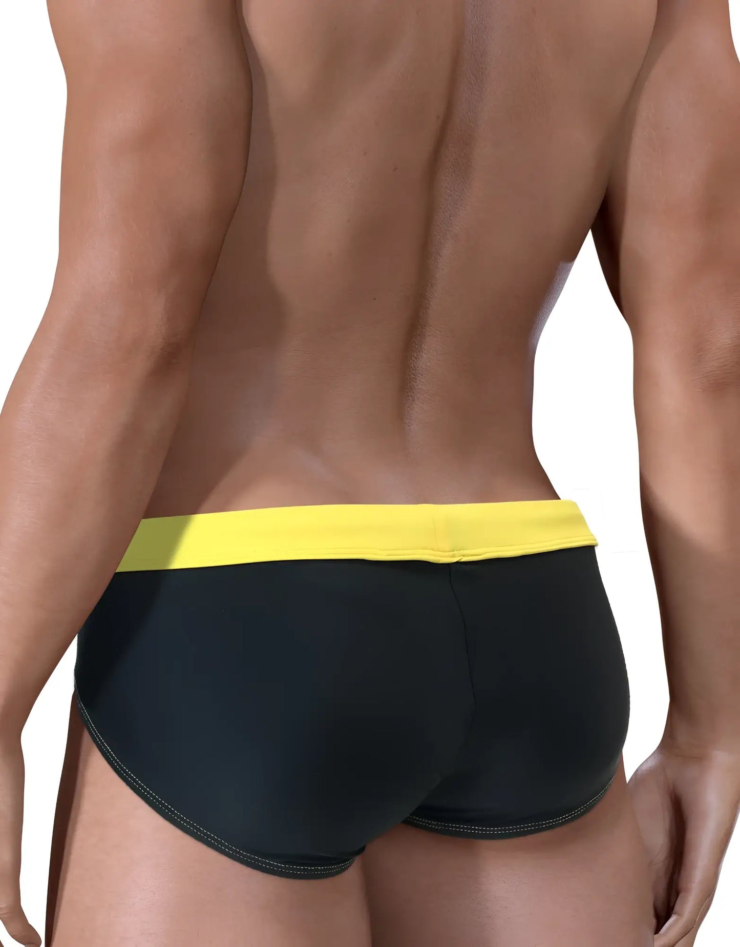 Black swim trunks with bright yellow waistband from moby big boy pouch swim designed for comfort and style