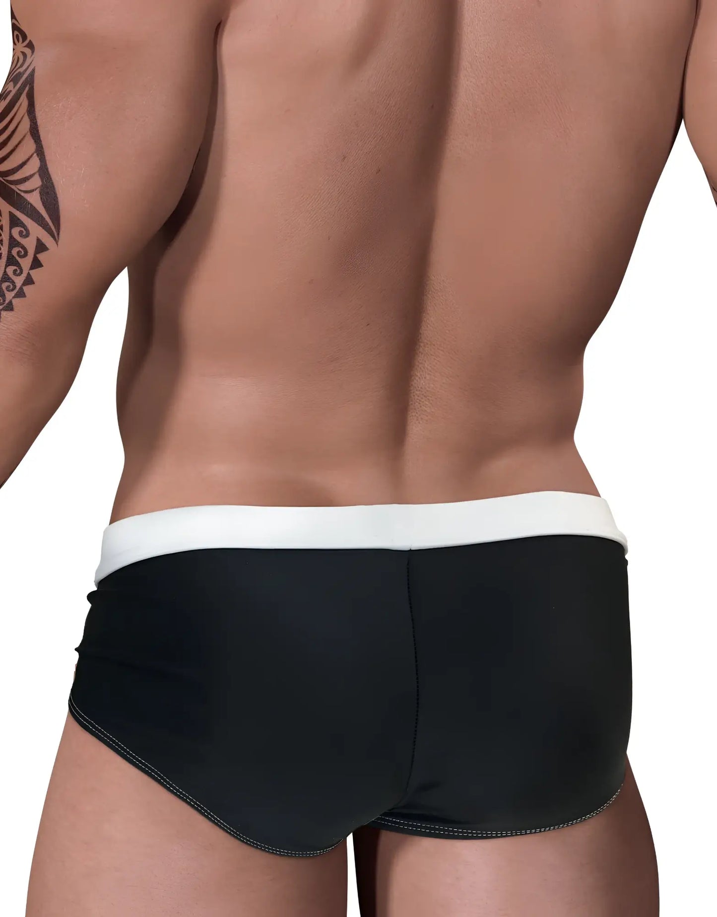 Black moby big boy pouch swim trunks with white waistband and contrasting stitching for swimwear use