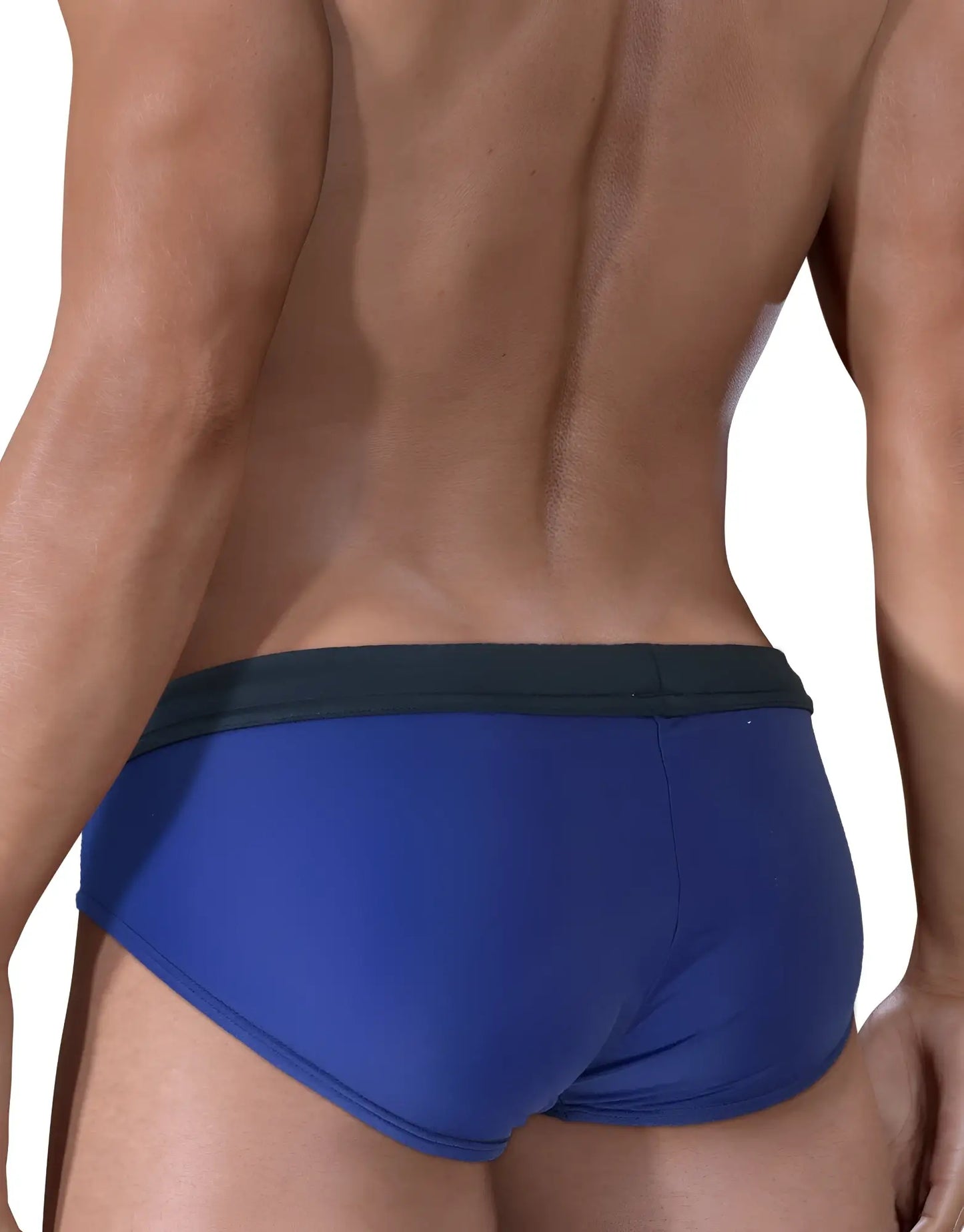 Blue swim trunks with a dark green waistband from Moby Big Boy Pouch Swim featuring a comfortable pouch design