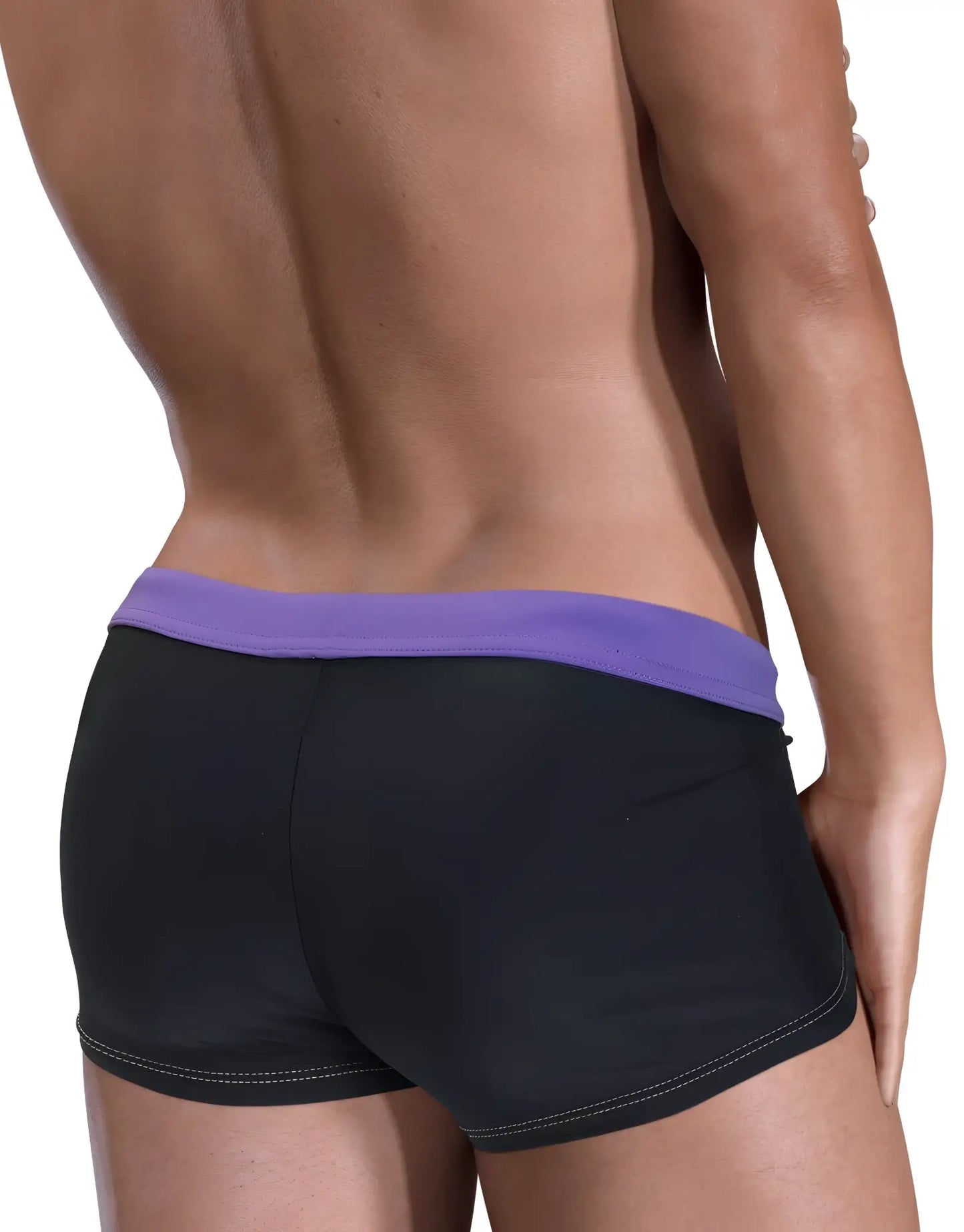 Black moby big boy pouch swim square cut briefs with purple waistband and white stitching along the hem