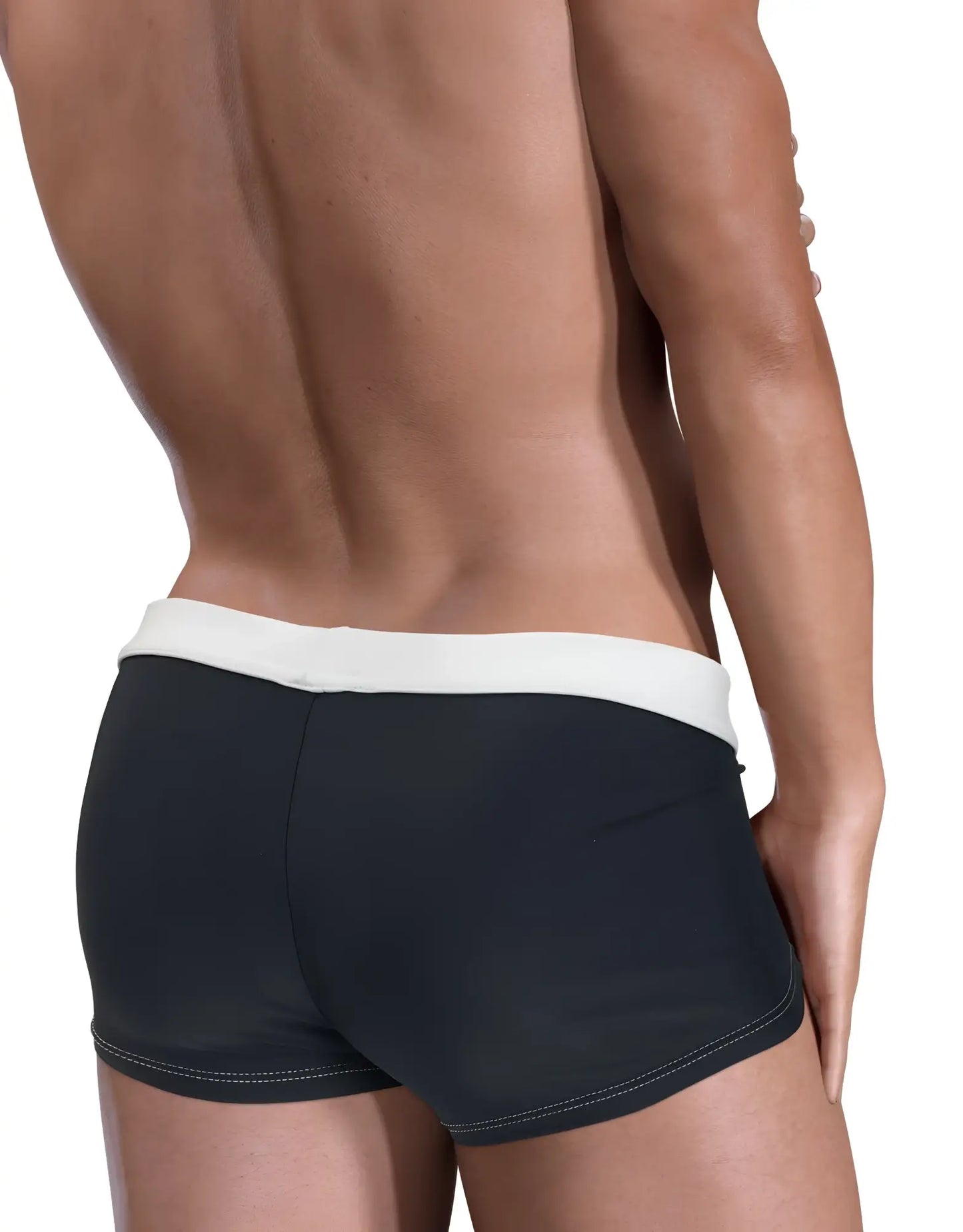 Black moby big boy pouch swim square cut swim trunks with white elastic waistband and contrasting stitching