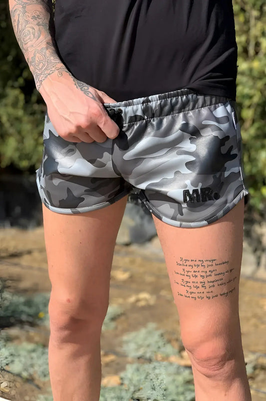 Mr Riegillio MR mini shorts camo gray and black camouflage with subtle sheen and mr logo on lower right leg size M