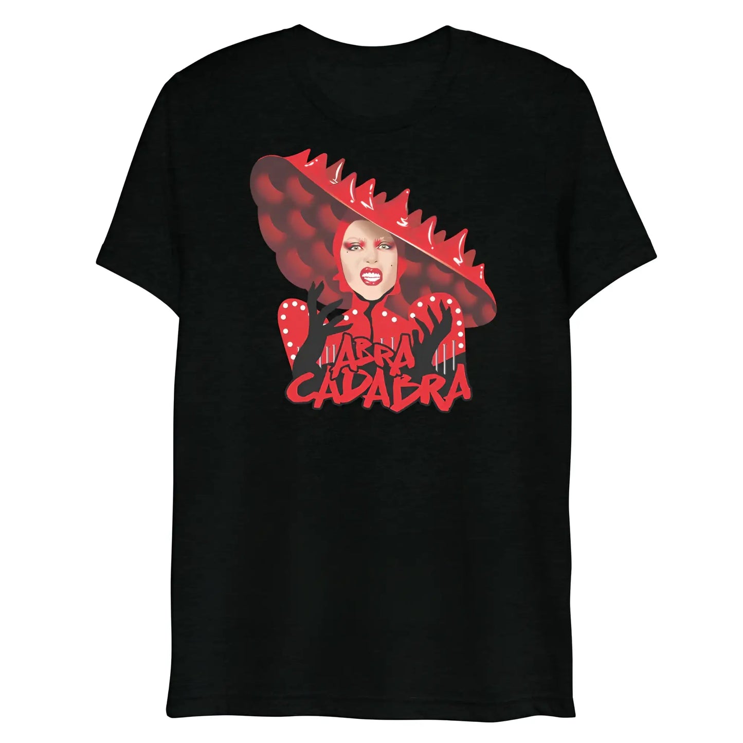 Black short-sleeved t-shirt featuring vibrant red graphic of drag queen Farra Calabra in wide-brimmed hat and polka dots