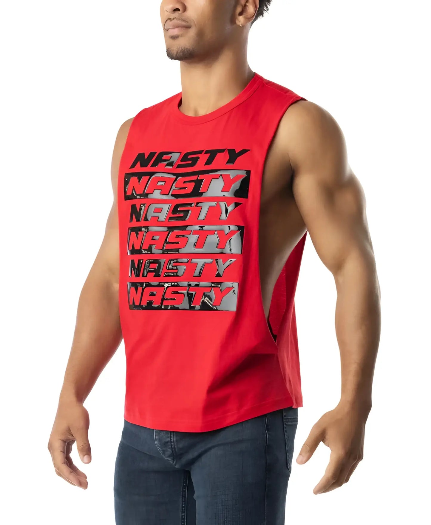 Red sleeveless muscle tank top with bold nasty text in black and gray across the chest for intense workouts