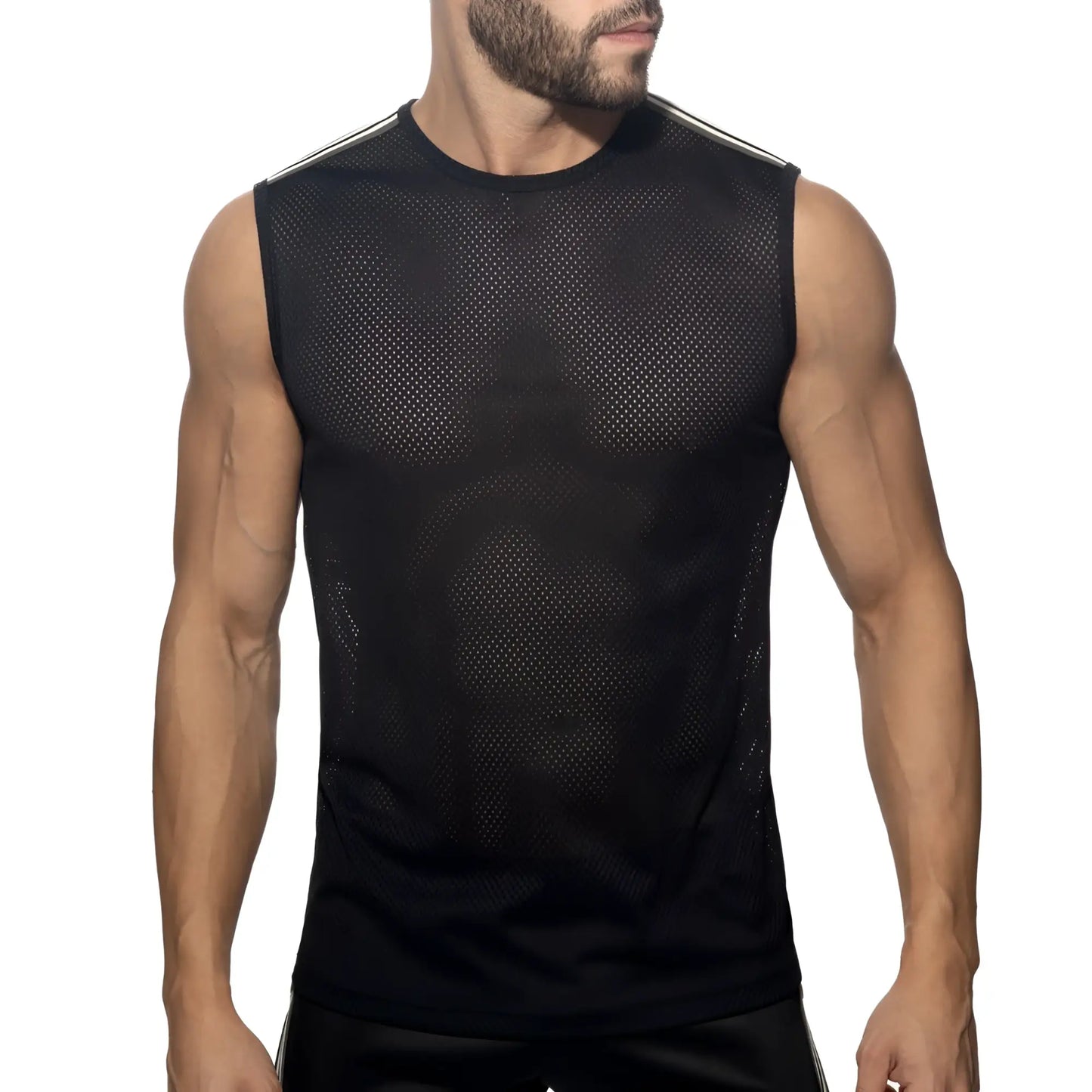 Nexus mesh tank top black sleeveless athletic top with mesh fabric and white stripes along the shoulders