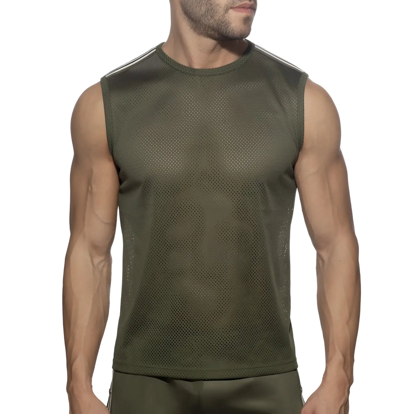 Nexus mesh tank top olive green sleeveless athletic top with white shoulder stripes made of breathable mesh material