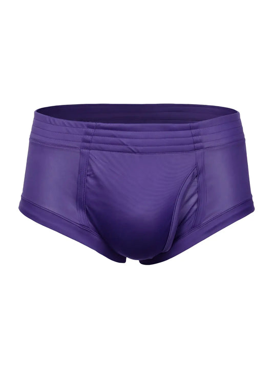 Purple nylon tricot brief swim trunks with smooth shiny fabric and elastic waistband featuring left side fly