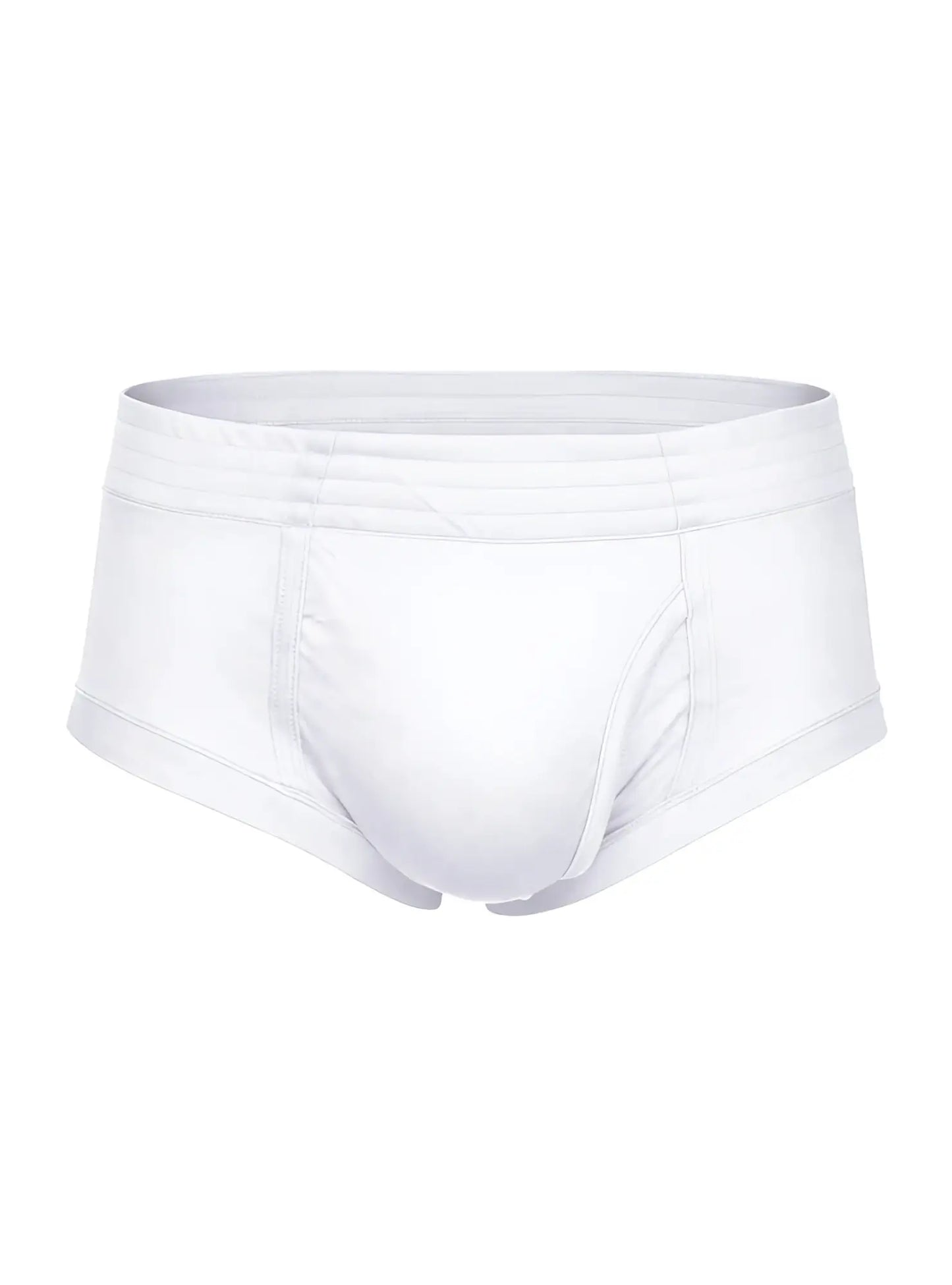 White men’s nylon tricot briefs with seamless design and elastic waistband featuring left side fly closure