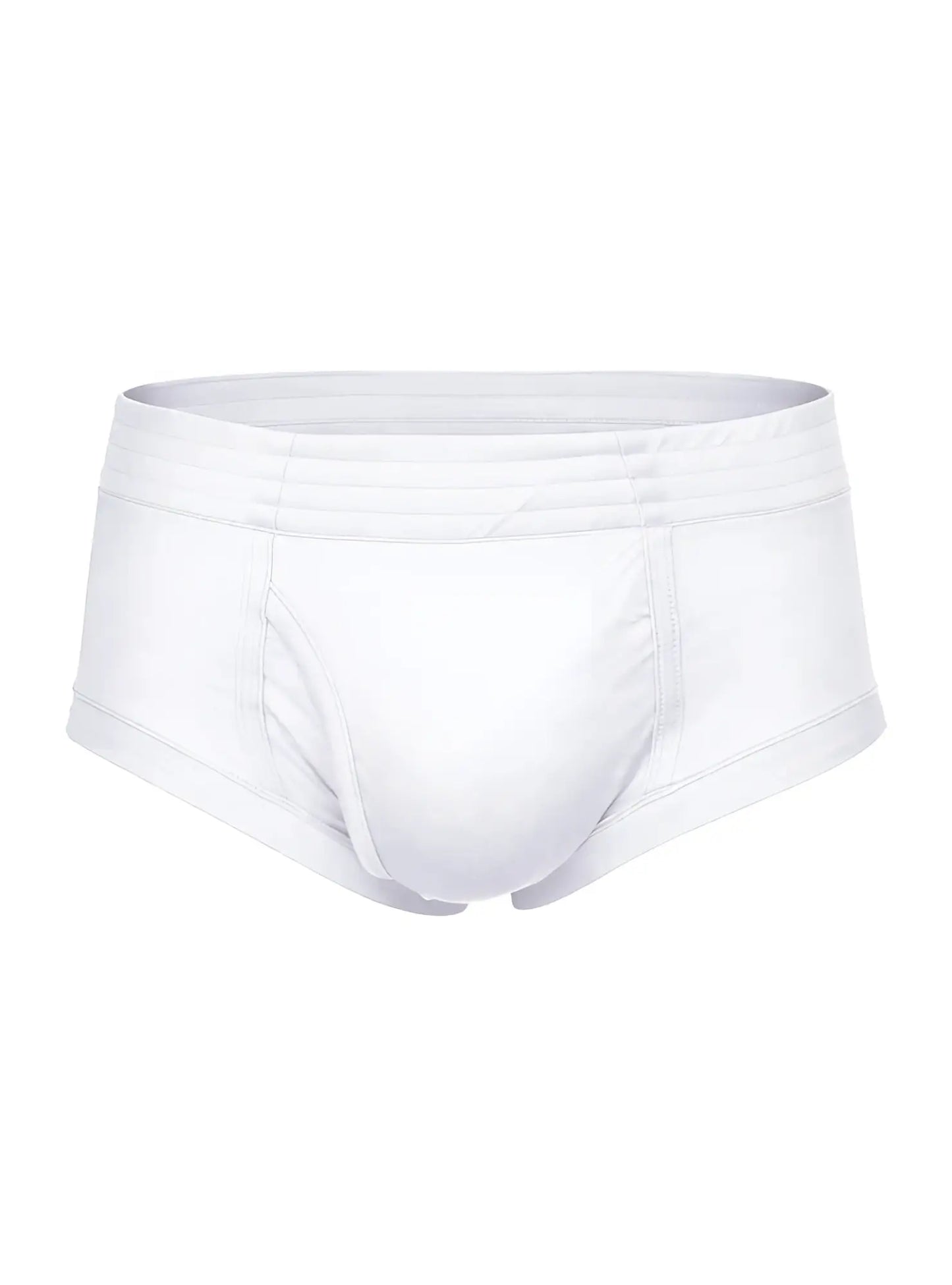 White men’s nylon tricot briefs with smooth seamless design and elastic waistband shown from the front
