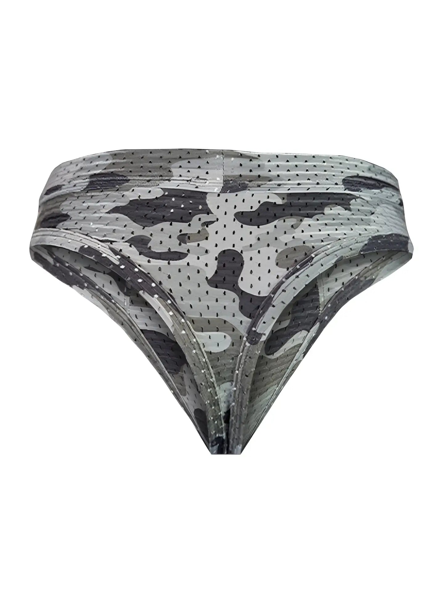 Gray and black camouflage mesh thong bikini bottom with perforated design nylon blend shown from the back side