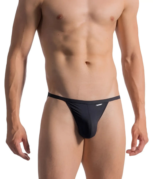 Black form-fitting thong olaf benz 0965 riotanga with sleek minimalist design and subtle waistband branding shown from the back