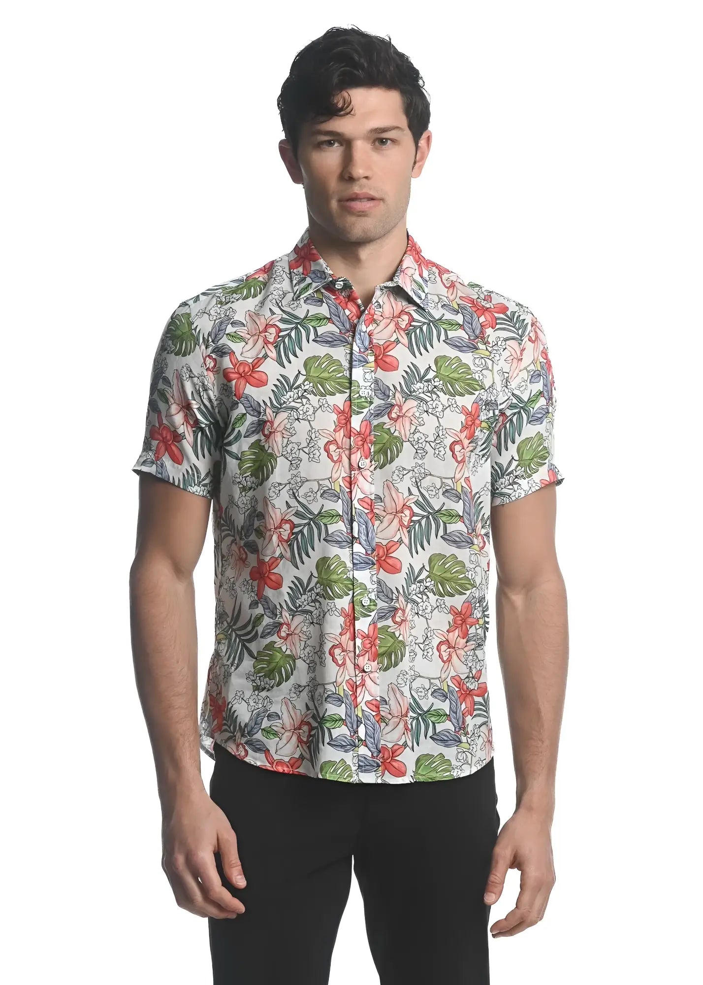 A men’s short-sleeved button-up shirt with a vibrant tropical floral pattern in red green and pink on beige Tencel linen