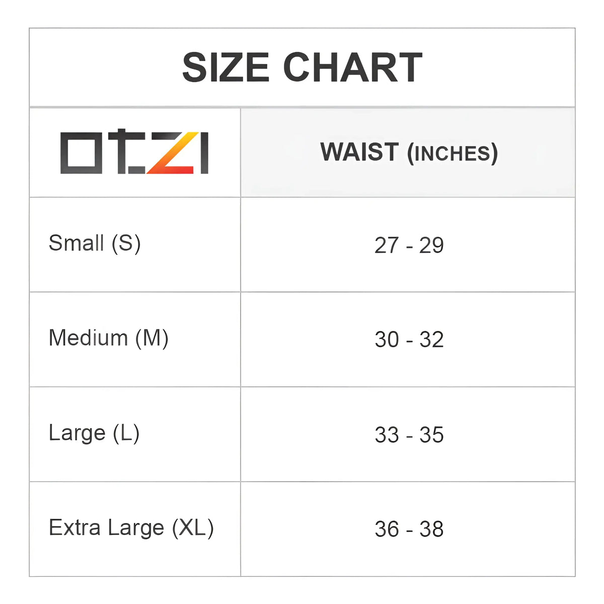Otzi ote005 jockstrap size chart showing waist measurements for small medium large and extra large sizes