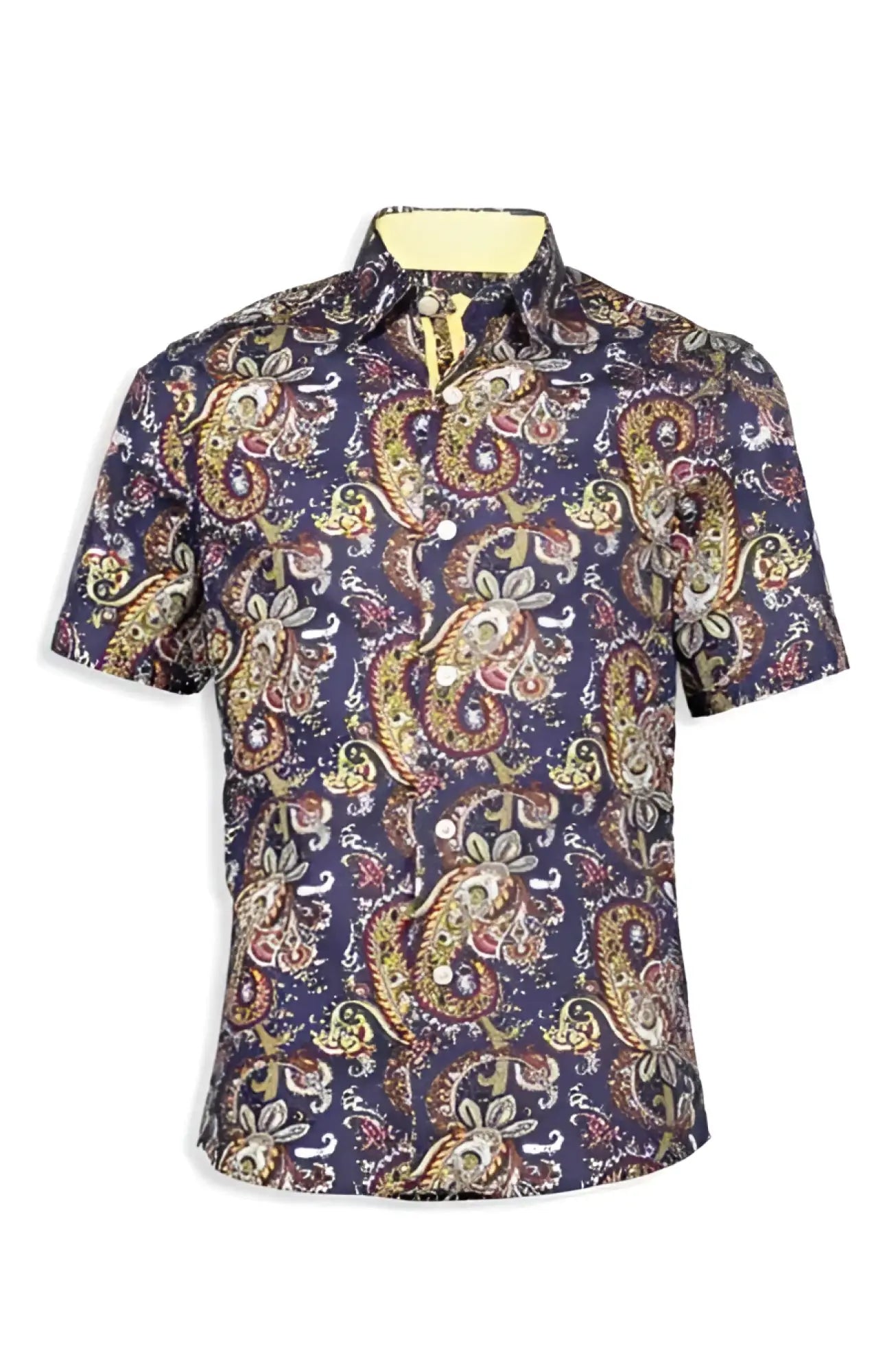 Paisley s s shirt navy blue short-sleeved button-up with vibrant gold red and cream paisley pattern
