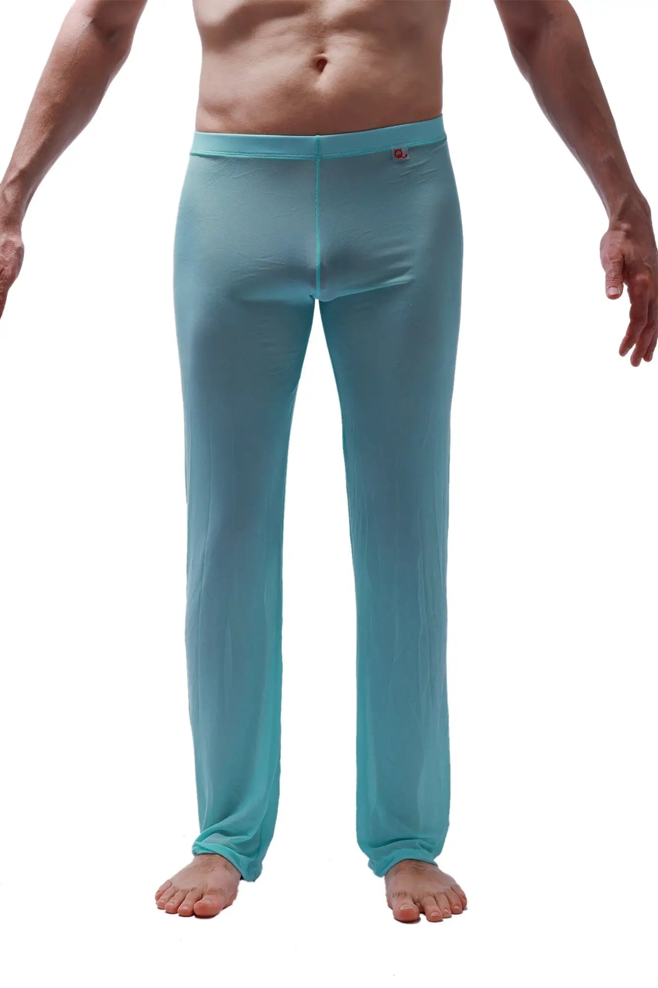 A pair of men’s sheer turquoise lounge pants with a snug fit and elastic waistband in Pants Net Teal