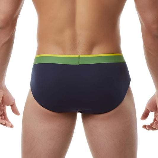 Navy blue swim trunks with green and yellow striped waistband from papi heritage clasico hip brief 3 pack size m