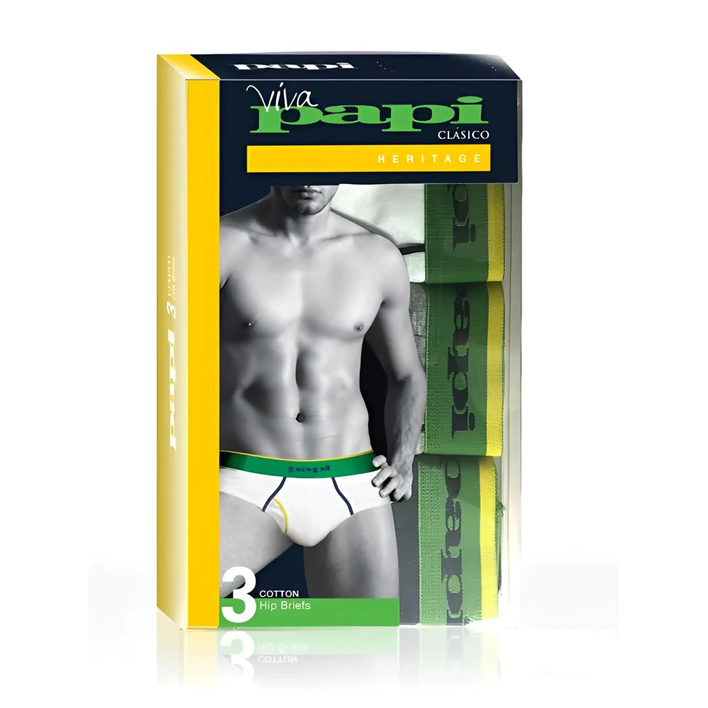 Papi heritage clásico men’s cotton hip briefs in white with green and black trim in yellow and navy packaging
