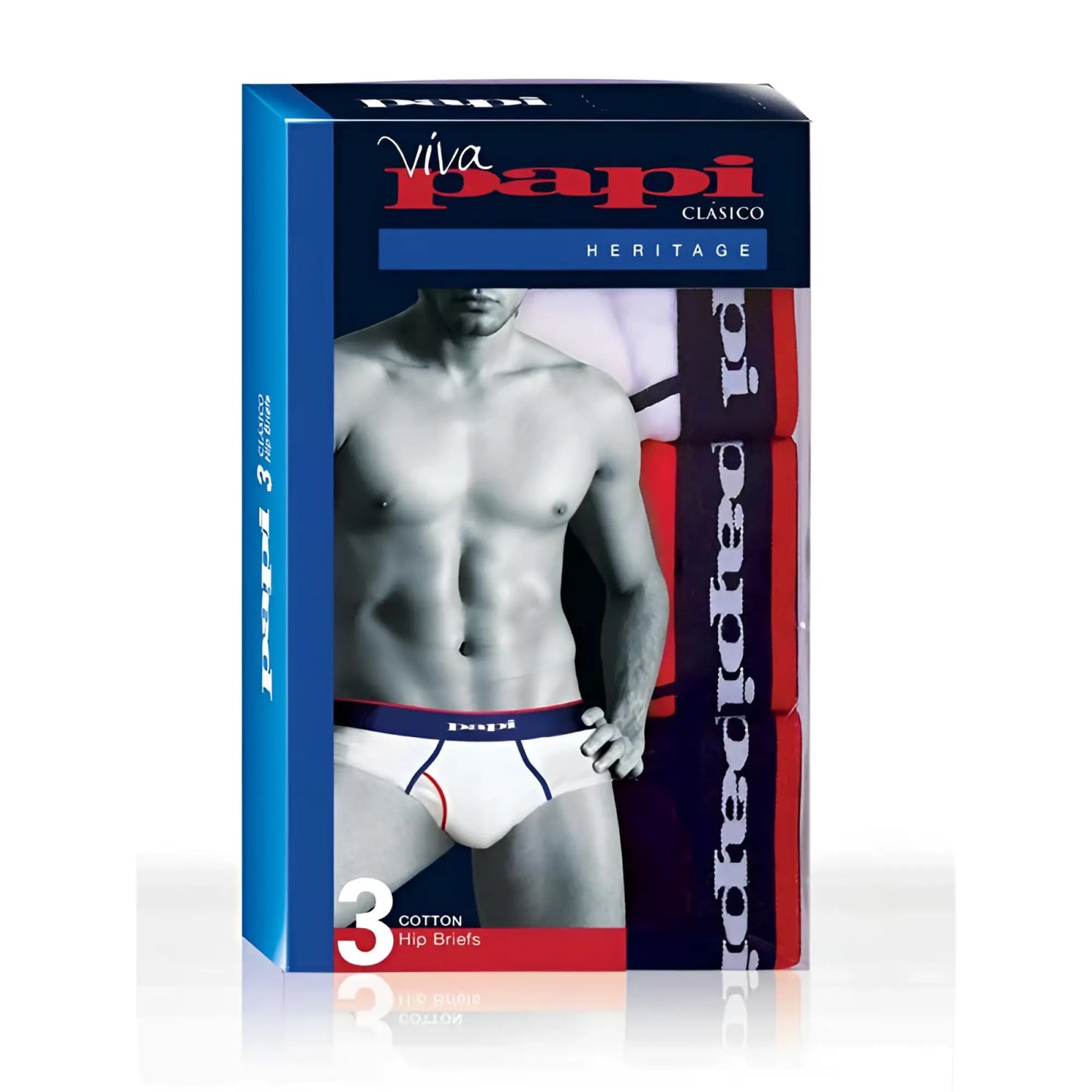 Papi 3 pack heritage clasico hip brief underwear in white cotton with navy and red trim size medium