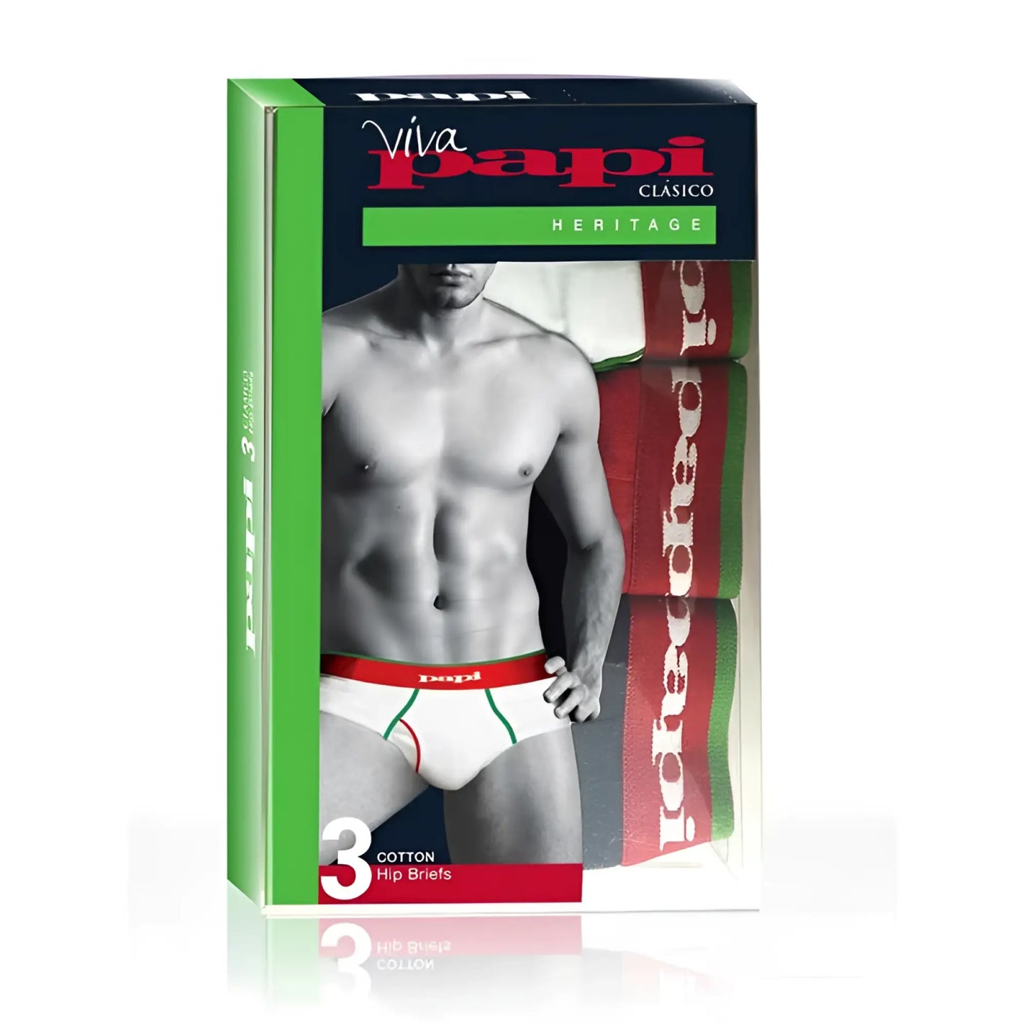 Papi heritage clasico three-pack cotton hip briefs in white with red and green trim size medium