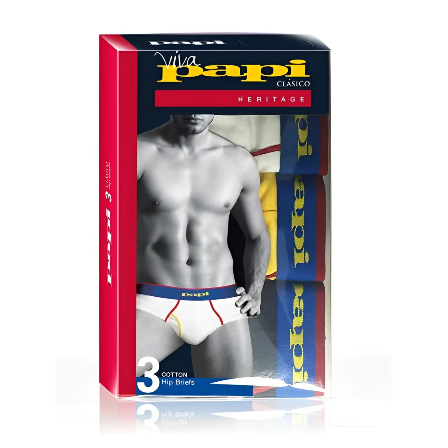 Papi 3 pack heritage clasico men’s cotton hip briefs in white with red and yellow trim size medium