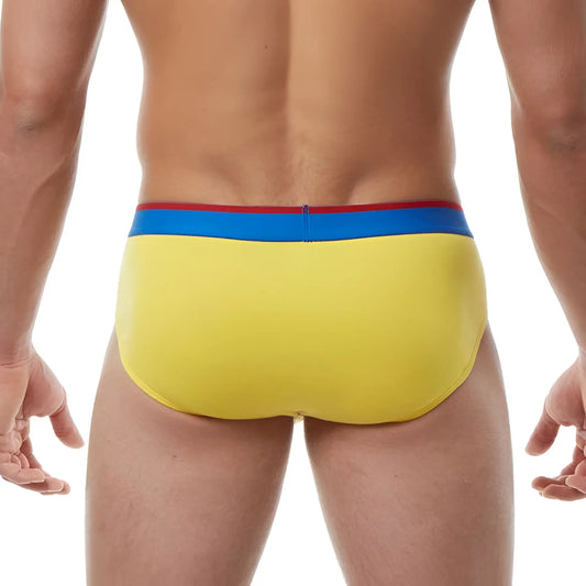 Bright yellow papi heritage clasico hip brief underwear with blue and red striped waistband size m