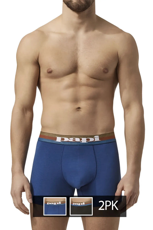 Blue papi microflex brazilian boxer briefs in blue and black with striped waistband showing front view