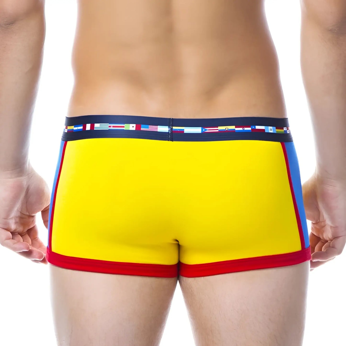 Papi viva heritage brazilian trunk underwear in sicilian yellow with red and blue panels and navy waistband with flags size s
