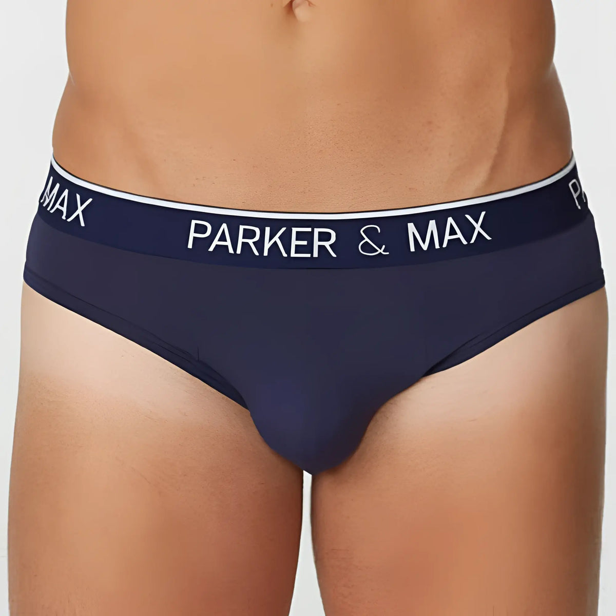 Navy blue parker and max pmfp_b1 briefs with white logo trim made from soft breathable fabric for everyday comfort