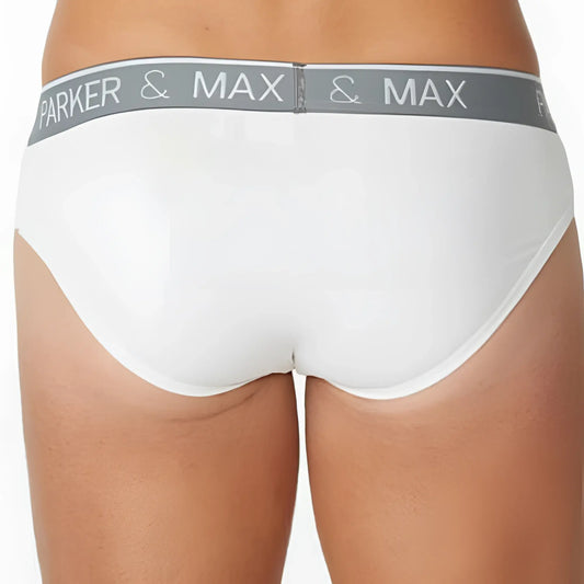 White parker & max pmfp_b1 briefs with gray waistband featuring brand name in white lettering front view