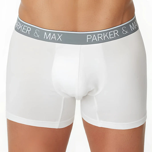 White Parker & Max PMFPCS_BB1 boxer briefs with gray elastic waistband and white logo lettering designed for comfort