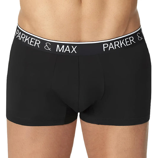 Black parker and max pmfpcs_t1 boxer trunks with white elastic waistband and bold brand name lettering