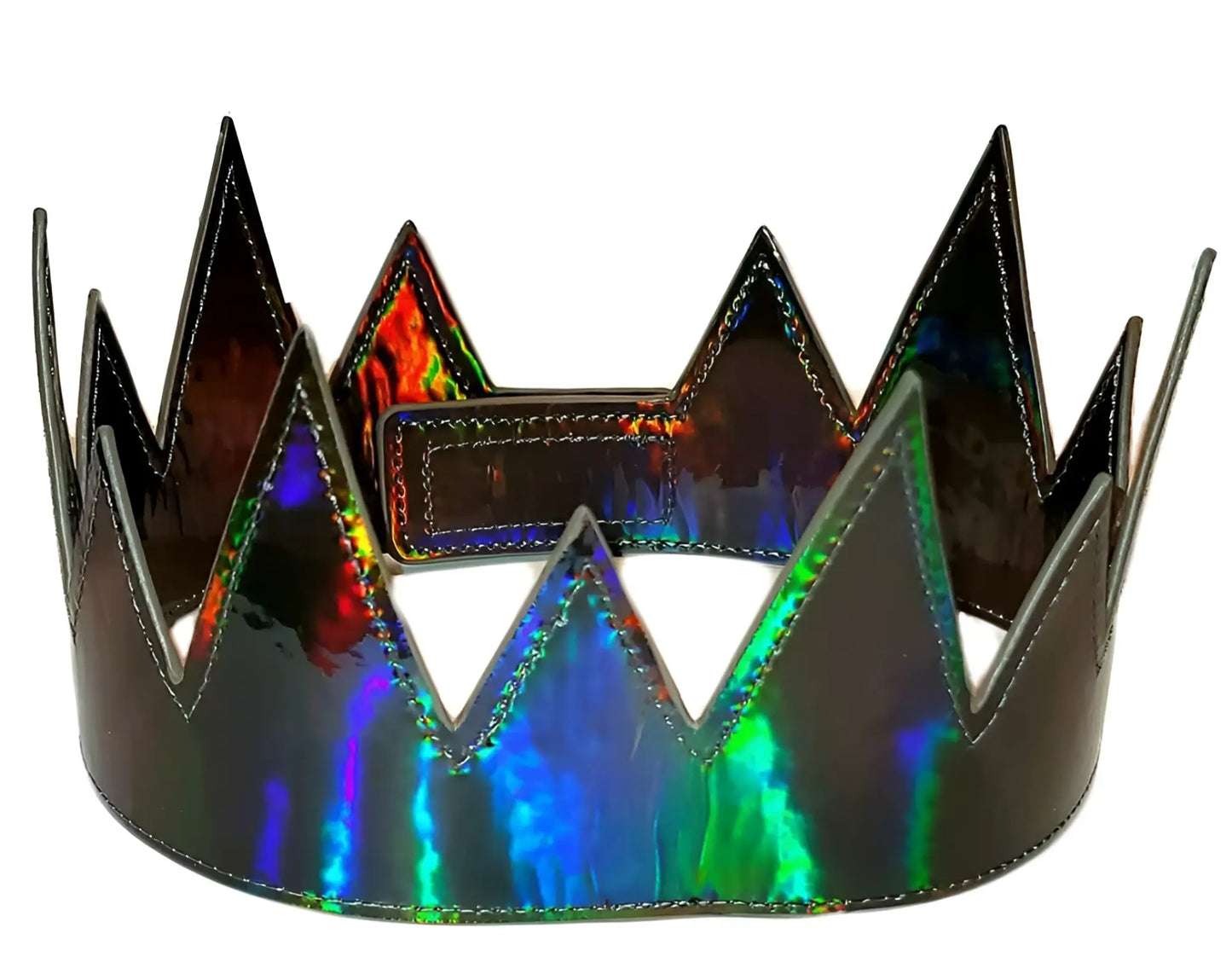 Party crown with a shimmering holographic iridescent finish and sharp triangular spikes for festive occasions