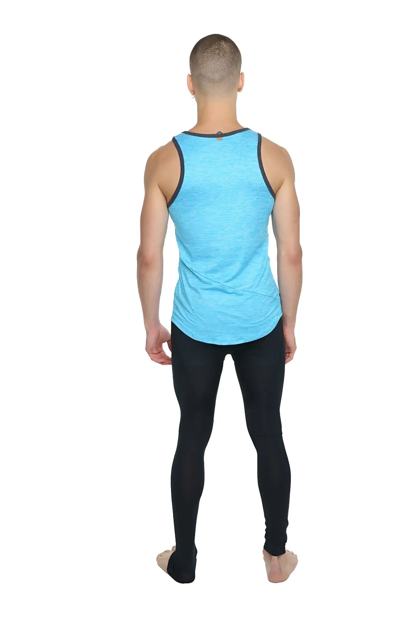 Aqua blue sleeveless athletic tank top with black trim along neckline and armholes perfect for workouts