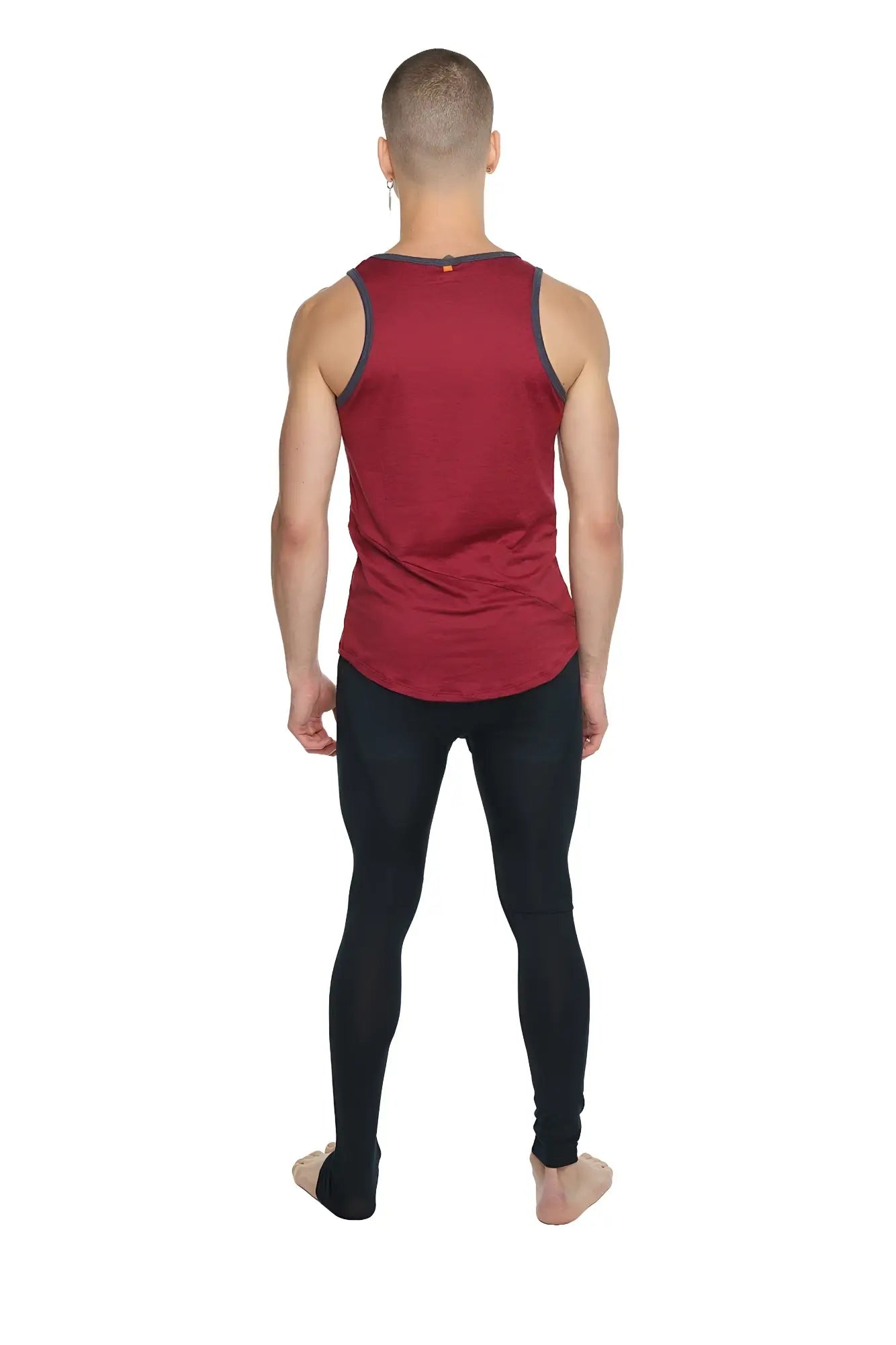 Red sleeveless tank top with dark gray trim along neckline and armholes in brick red perfect tank design
