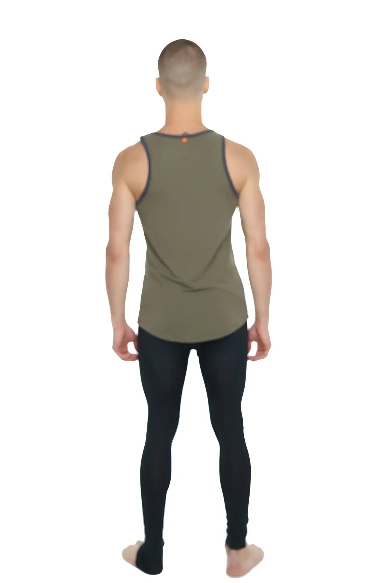 Olive green sleeveless athletic tank top with dark gray trim along neckline and armholes from the perfect tank line