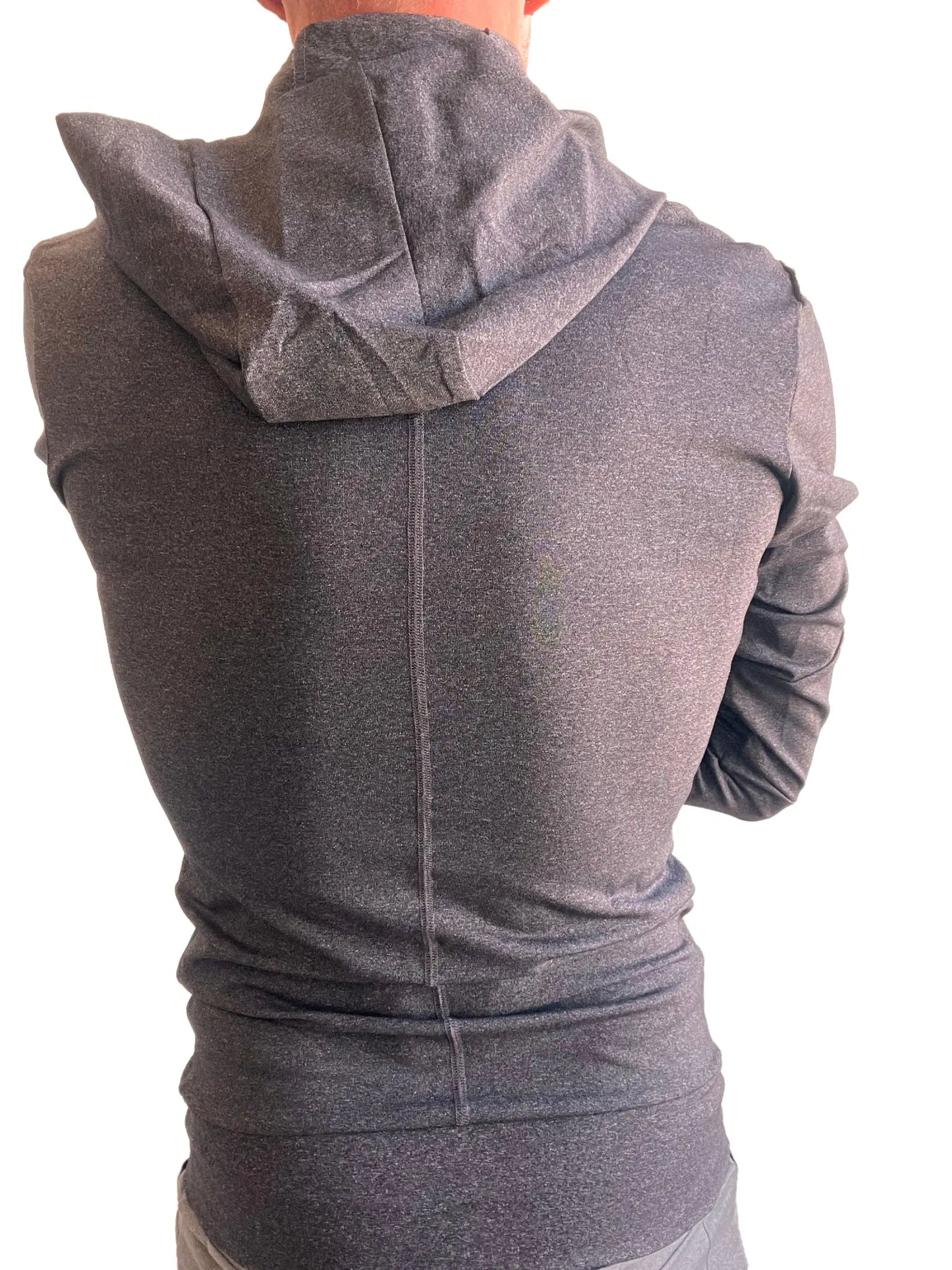 Performance premium form-fit crossover yoga track hoodie in charcoal heather textured dark gray fabric with long sleeves