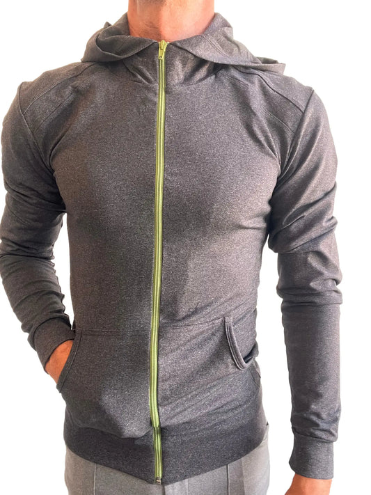 Performance-premium charcoal heather zip-up yoga hoodie with lime green zipper and front pockets for form-fit comfort