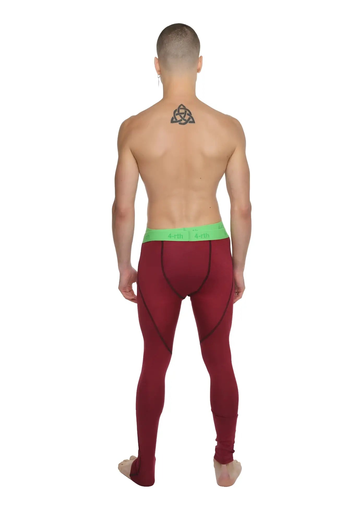 Maroon performance yoga leggings with a bright green waistband designed for long-lasting comfort and support