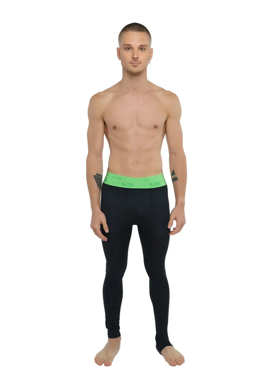 Black calvin klein performance yoga leggings long in carbon black with bright green waistband visible from front side