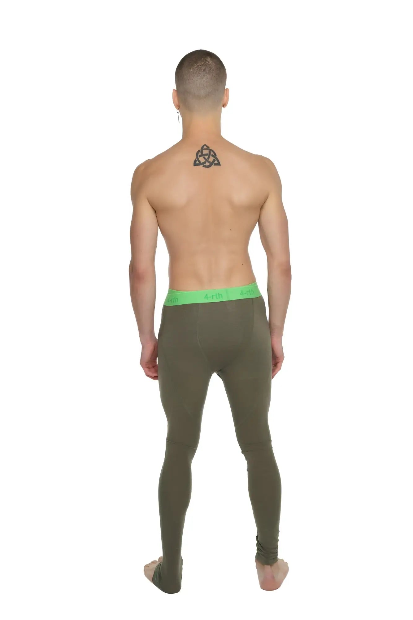 Olive green performance yoga leggings long with bright neon green waistband for compression and flexibility