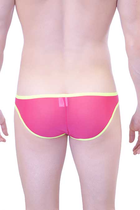 Petit-Q big bulge transparent bikini underwear in bright pink mesh with yellow trim size L showing front view