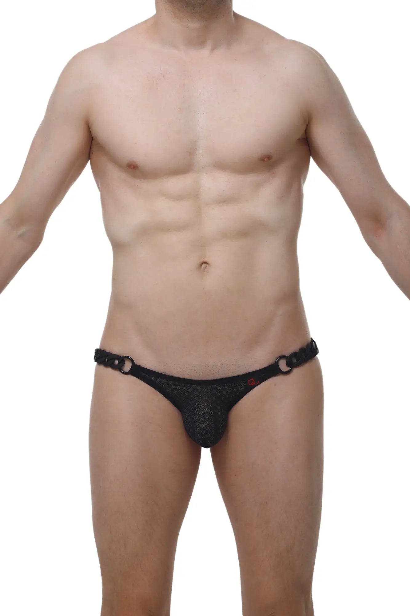 Black mesh briefs with chain-like waistband and red branding petitq bikini chains macra black