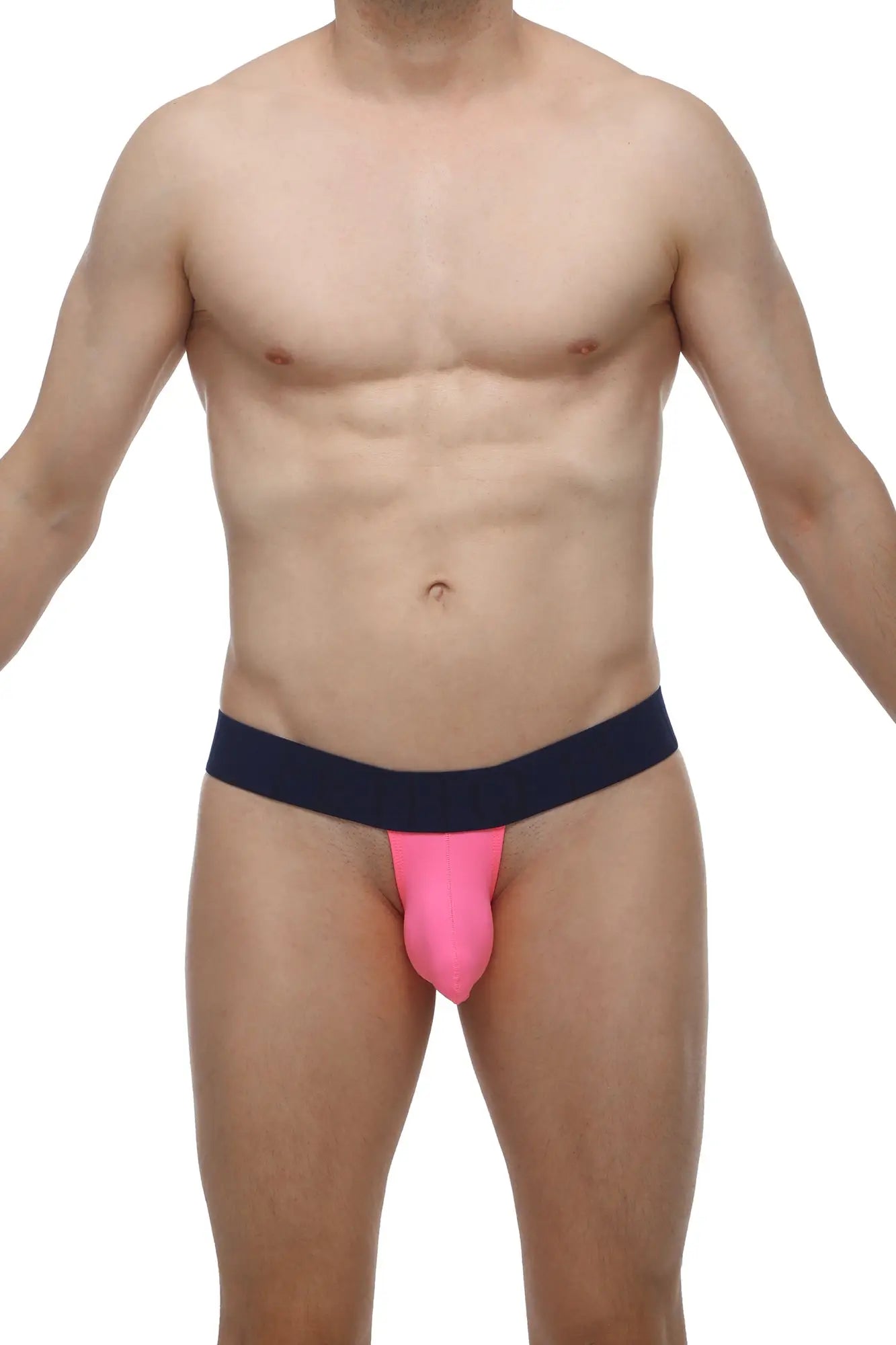 Bright pink petitq bikini coren pink jockstrap with navy blue waistband in form-fitting stretch fabric