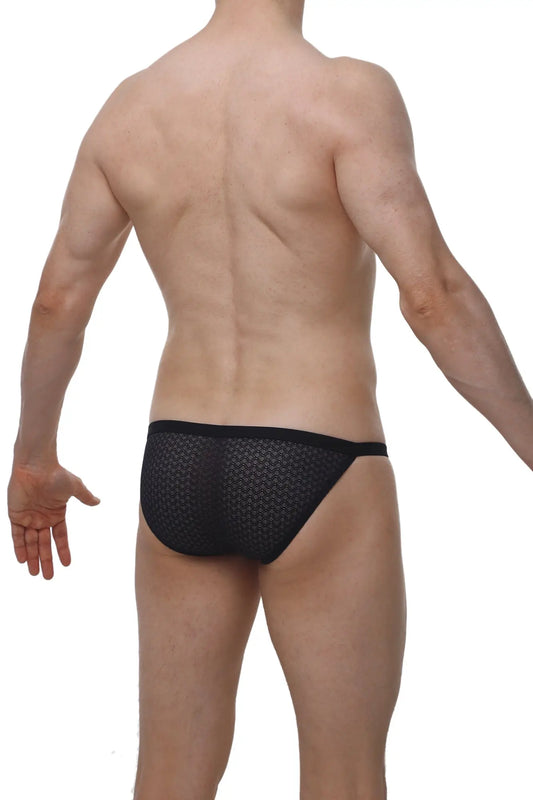 Black PetitQ bikini Ladon Macra briefs in mesh material with a subtle geometric pattern and breathable design