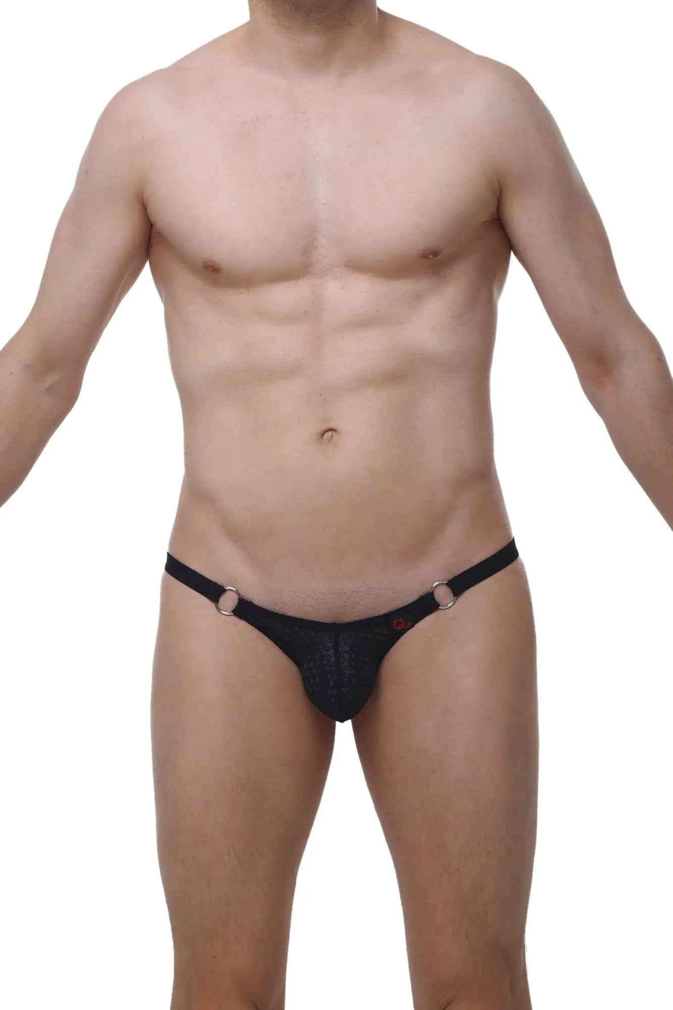 Black mesh thong with gold toned side rings from PetitQ bikini ladon macra black collection
