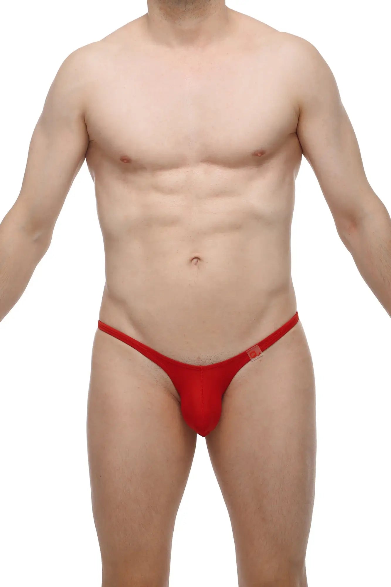 Red thong bikini with small square logo on sideband in PetitQ bikini prellis red design