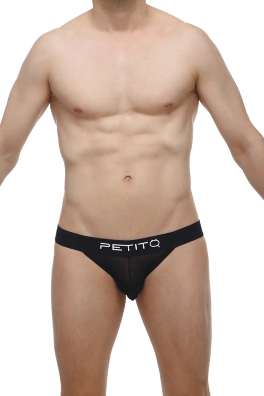 Black petitq bikini pons men’s briefs with sheer mesh front and white logo branding in lightweight fabric